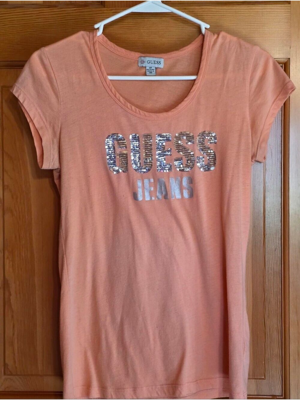 Guess Peach Tee with Silver Sequin Logo